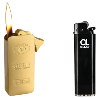 Champ GOLDBAR DL‑12 Premium Feuerzeug – aus Metall im Goldbarren-Design – Elegant, nachfüllbar, hochwertig verarbeitet, mit Piezozündung, windfester Flamme & kompakter Form + 1x GRATIS Feuerzeug (1)