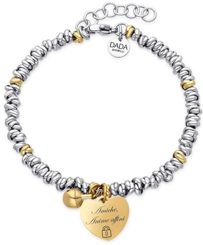 Dada Gioielli- Bracciale Donna Campanella e Cuore Frase Migliori Amiche Bi-Lingua 17+3 cm (Gold + Gold)