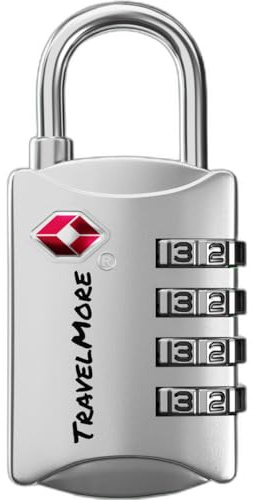 TSA-Gepäckschloss mit 4-stelliger Zahlenkombination | TSA-Kofferschloss für Flugreisen | TSA-Schloss für Koffer, Gepäck, Rucksack | Zahlenschloss | 1 Stück, Silber