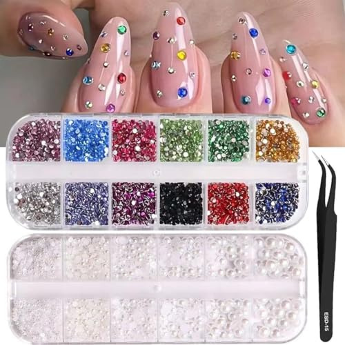 ZORVYN 2 scatole Multicolore Strass per Decorazioni Unghie, Cristalli Diamantati Resistenti per Manicure, Kit Brillantini per Nail Art con Pinzetta, DIY
