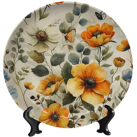 Decorative Ceramic Plates, 6 Inch, Yellow White Flower Butterfly Round Display Plate, Home Wobble-Plate with Display Stand, Ceramic Craft for Wall Hanging Decorative