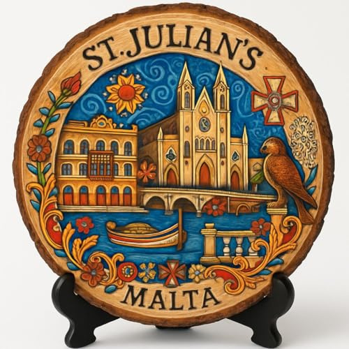 Souvenir regalo di San Giuliano, targa in legno da parete o tavolo, Malta (Malta), souvenir per turisti, collezionisti di piatti e amanti dei viaggi, regalo decorativo per avventure costiere
