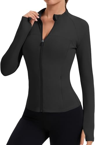 Tisfeer - Chaqueta deportiva para mujer, camiseta de manga larga para correr, tops de gimnasio, parte superior para yoga y fitness, chaqueta ligera de entrenamiento con orificio para el pulgar y