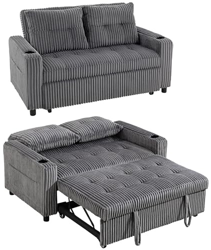 HOMCOM 3-in-1 2 Seater Sofa Bed, Convertible Sleeper Sofa with Adjustable Backrest, Corduroy Pull Out Loveseat Bed with 2 Pillows, Side Pockets and Cup Holders for Living Room, Bedroom, Dark Grey