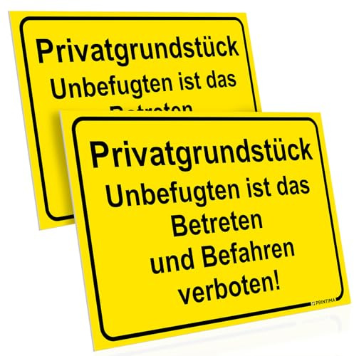 PRINTIMA 2x Schild Privatgrundstück – Unbefugten ist das Betreten und Befahren verboten! Gelb 32x21 cm aus PVC + Montagedübel – wetterfestes Hinweisschild für Grundstück & Einfahrt