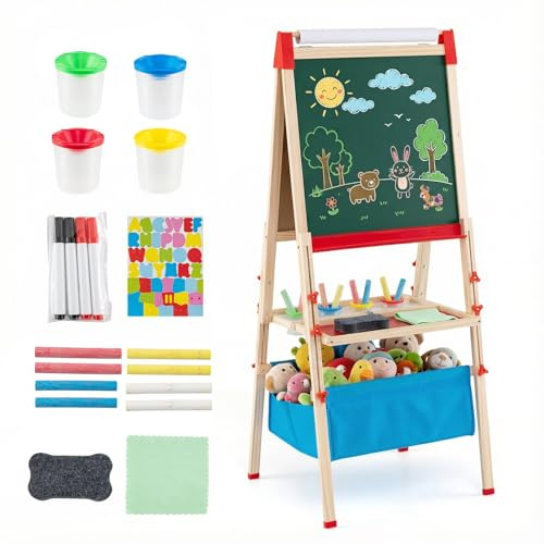 Costzon Kids Easel, Adjustable Foldable Double-Sided Easel w/Magnetic Chalkboard & Whiteboard, Paper Roll, 4 Paint Cups & Storage Trays, Creative Drawing Set for Boys Girls 3-15 Years Old