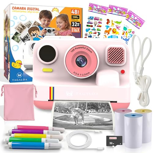 | TAGALOA® | Camara Fotos Infantil Instantaneas | 48MP con Impresión Térmica, Pantalla 2,4, Vídeo 1080P, Tarjeta SD 32GB y 3 Rollos de Papel – Cámara Digital para Niños y Niñas de 3 a 12 Años (Rosa)