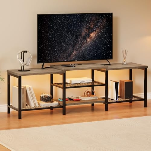 Garvee TV-Lowboard für Fernseher bis 75 Zoll – Modernes Medienmöbel mit LED-Beleuchtung, Steckdose – Offene Ablagen – Viel Stauraum als TV-Konsole oder Wohnzimmerschrank – Farbe: Grau