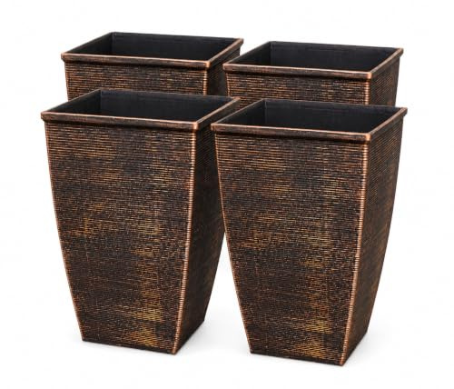 Muddy Hands Pack of 4 Large Tall Square Plant Pots 46.6L Outdoor Garden Planters with Drainage Holes – Copper Effect Ribbed Plastic Flower Pots for Trees, Shrubs, Patio & Front Door Displays