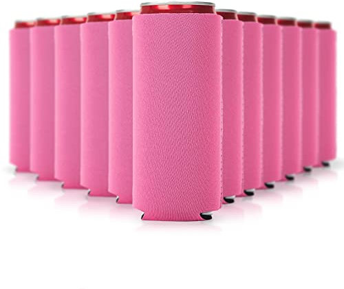 Slim Can Cooler Sleeves 12 Pack - Blank Foldable Neoprene 12oz Can Insulators - Skinny Beverage Coolers for Beer & Soda - Sublimation-Ready (Pink)