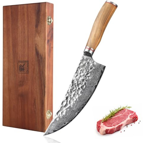 zayiko Minami Wiegemesser 20,5 cm Klinge, 67 Lagen Damaststahl, VG10-Kern | Gebogene Schneide für Wiegeschnitte, Hammerschlag gegen Anhaften, Olivenholzgriff, 60 ± 2 HRC, beidseitiger 15° V-Schliff