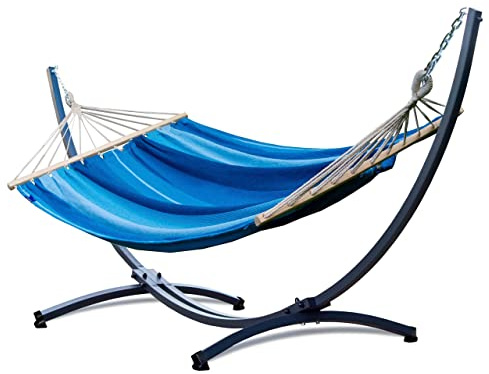 Potenza Hamaca con Soporte Incluido en Jardin, de Tela Azul Multicolor, para 2 Personas Doble, Soporte Capacidad de 220 Kg, Hamaca con Barra 220x160 cm