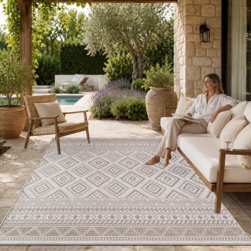 Paco Home Outdoor Teppich, Wetterfest, UV-beständig & Pflegeleicht, Flachgewebe Modern Boho-Style. Ideal für Terrasse Balkon Wohnzimmer & Küche, Grösse:80x250 cm, Farbe:Beige 2
