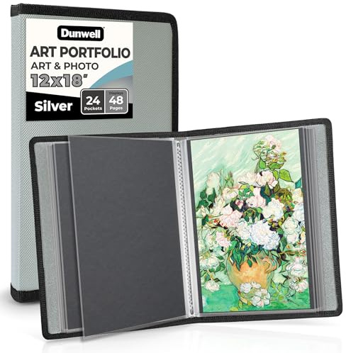 Dunwell 12x18 Art Portfolio Binder with Mounting Paper (Silver), Large Portfolio Folder for Artwork Storage, 24 Clear Sleeves Display 48 Pages, Acid-Free Poly 12 x 18 Presentation Book