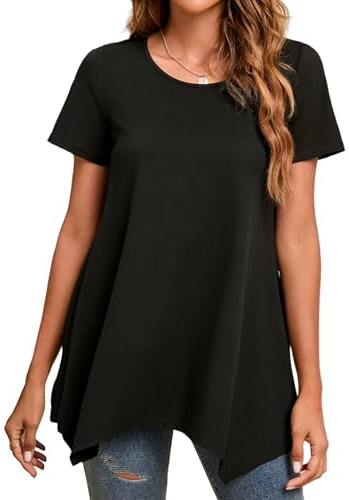 Enmain Nero Maglietta Lunga Donna Floreale con Scollo Tondo Camicetta Ampia Tunic Top Camicia Donna Manica Corta Bluse e Camicie da Donna 3XL