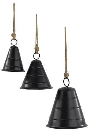 Deco 79 Dekorative Kuhglocke aus Metall, tibetisch inspirierte Meditation, mit Jute-Seil, 3 Stück, 25,4 cm, 20,3 cm, 12,7 cm hoch, Schwarz