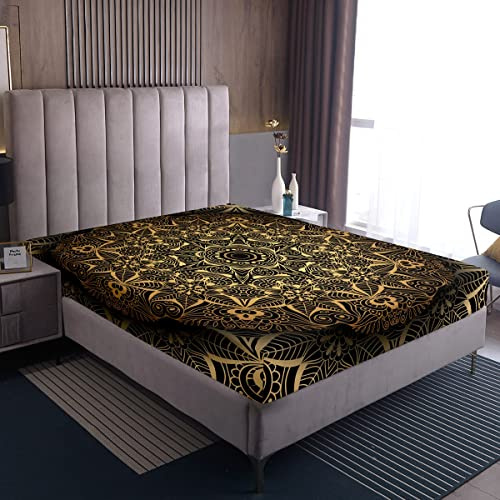 Loussiesd Boho Mandala Spannbetttuch 140x200cm Bettlaken böhmiSchön Stil für Teenager Luxus Golden Schwarz Mandala Dekor Spannbettlaken Exotisches Blumenmuster