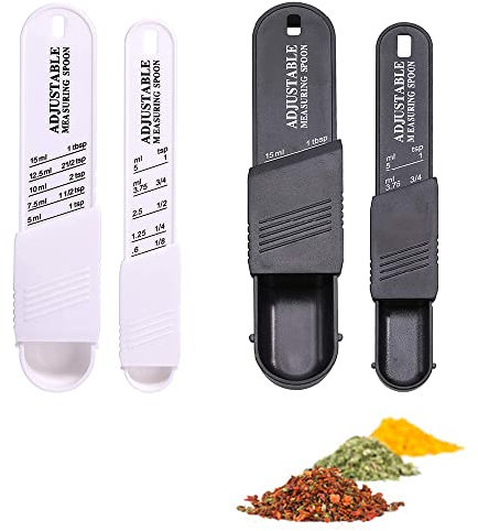 4Pcs Adjustable Measure Plastic Spoon Set, Tablespoon and Teaspoon, Spoon for Dry/Liquid Ingredients, Baking, Cooking, Powder (2 White+2 Black)