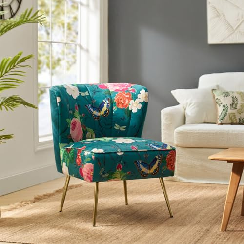 FABRICATION HAUS Esszimmerstuhl mit goldenen Metallbeinen gemütlich getuftet Ohrensessel Floral Stoff kleine armlose Stuhl, gepolstert Schminktisch Stuhl für Wohnzimmer, Schlafzimmer, Lesezimmer, Blau