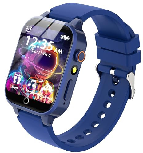 Kids Smart Watch for Boys Girls with 14 Puzzle Games, 20+ Sport Modes, HD Touchscreen Camera, Video, Music, Counter, Pedometer, Flashlight,Alarm Educational Toy for 4-12Y Birthday Gifts (Blue-2)