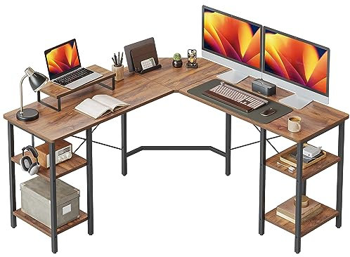 CubiCubi L-förmiger Computertisch, 148 x 148 cm Industrial Office Eckschreibtisch Schreibtisch mit Aufbewahrungsregalen, Platzsparend, Dunkelbraun