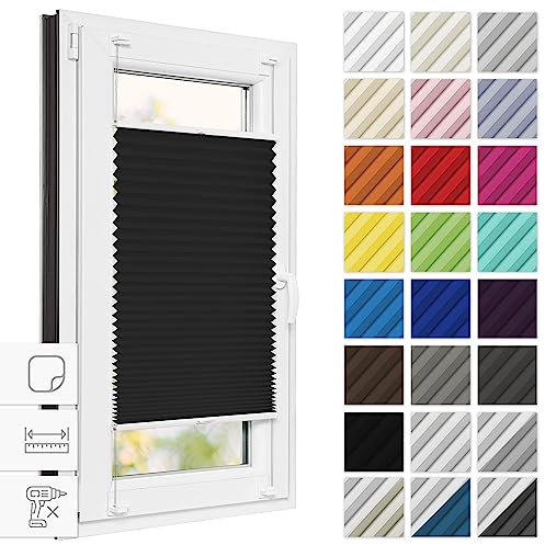 Estika Plissee zum kleben 125 cm x 120 cm - Schwarz - Plissee ohne Bohren, Plissee kleben, Rollos für Fenster ohne Bohren, Jalousien Fenster für innen, Raffrollo, Fenster plissee