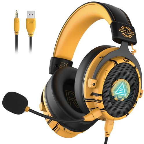 EKSA Cuffie Gaming, E900Pro Cuffie PS5 con audio surround 7.1 e microfono con cancellazione del rumore, Jack Audio USB & 3,5mm, Cuffie PC super leggere con luce LED per PC/Mac/Switch/PS4/PS5/Xbox One