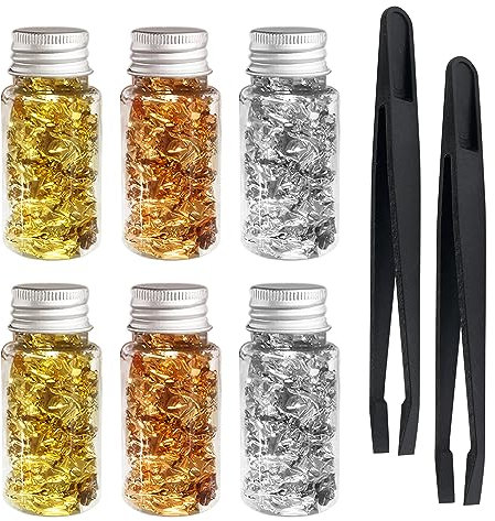 ATBUSS 6 Flaschen Folienblätter Mit 2 Clips, Goldpapier-Silberfolienblätter, DIY-Bastelgoldfolie, Metallfolienblätter, Heimdekorblätter Für Harzkunst, Malerei, Vergoldete Statue, Nagelkunst