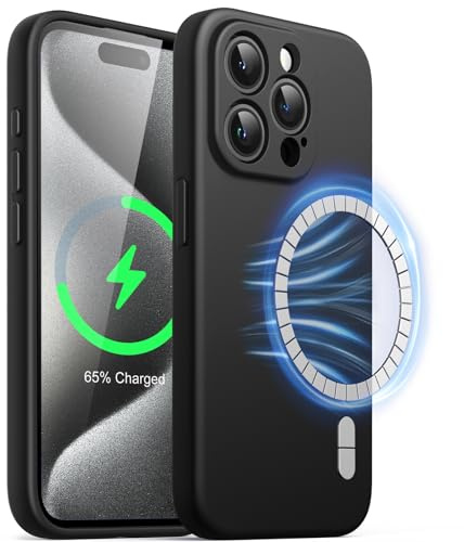 JETech Magnetic Silicone Case for iPhone 15 Pro Max 6.7-Inch, Compatible with MagSafe, Phone Cover with Camera Lens Full Protection (Black)