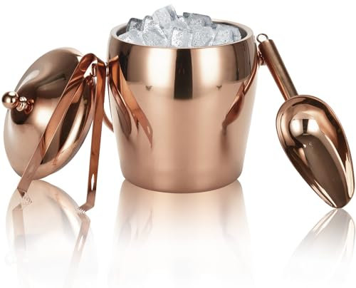 Ice Bucket Champagne Bucket with Tongs Scoop Lid, Double Wall Wine Bar Freezer Ice Bucket with Stand&Carrying Handle, Stainless Steel Mirror Bucket Champagne Bucket for Parties Bar Home,2L(Rose gold)