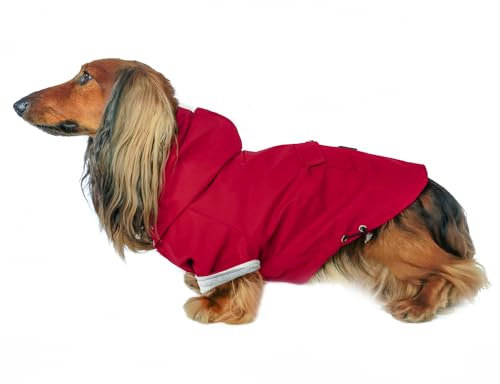 DJANGO Highland Hundejacke und gefütterter Hundemantel mit Kapuze, verstellbar, leicht, rote Jacke für kleine Hunde und mittelgroße Hunde mit Loch für Geschirr, gemütliches Futter und Gesäßtasche (XS