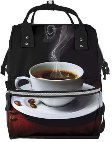 OrcoW Heißer Kaffee Mit Kaffeebohnen Drucken Windeltasche Mumie Rucksack Große Kapazität Multifunktions Wasserdichte Windeltasche Für Mama Und Papa, Schwarz , One size