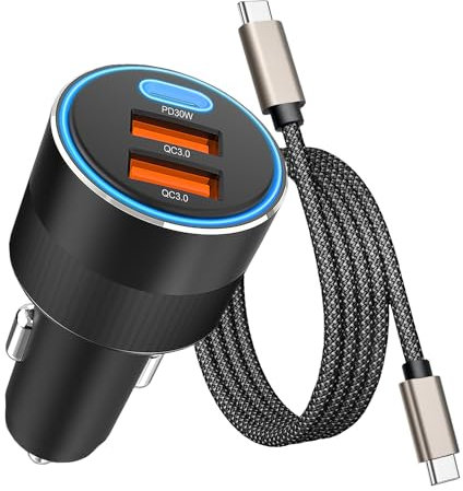 Hoembpn 66W Adattatore Presa Accendisigari USB C Caricatore Auto Adattatore PD30W + Dual QC 3.0 18W,Adattatore Accendisigari usb Carica Batteria con 1m Cavo USB C 3A