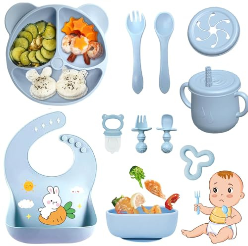 Bizcasa Babyservis i silikon, 11 delar, halkfritt barnservisset, barnservis med sugkopp, halkfri babyskål, babybestickset för småbarn, BPA-fri (blå)