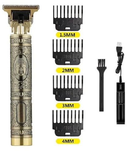 Tondeuse Barbe et Cheveux avec Sabots 1.5, 2, 3, 4 mm - Batterie USB - Dragon, Bouddha, Barber, Vintage T9 (Tondeuse Bouddha Argent)