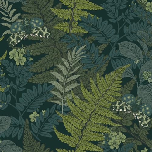 VEELIKE Green Fern Forest Wallpaper Self Adhesive Dark Tropical Leaf Contact Paper Butterflies Botanical Wallpaper for Bedroom Patterned Wall Paper Vintage Wall Mural Bathroom Cabinets 44.5cm×300cm