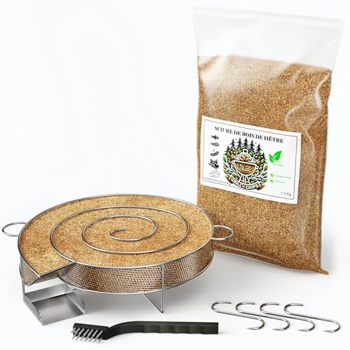 Kaltrauchgenerator/Räucherschnecke für Räucherofen + 1,2 kg Räuchermehl Buche + 4 Fleischhaken & Reinigungsbürste – Edelstahl-Spirale für Fleisch, Fisch, Wurst – Inkl. PDF-Ratgeber (Gratis)