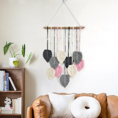 CULASIGN Makramee Wandbehang Wandteppich, Boho Blätter Handgewebt Boho Makramee Wandbehang Deko Blatt Feder Girlande Wanddeko für Wohnzimmer Schlafzimmer (Grau)