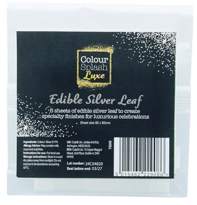 Colour Splash Edible Silver Leaf | 5 Pack | Ultra Fine Food Safe Silver Leaf For Cake Decorating, Baking, Cooking, Desserts, Chocolate, and Craft - 80mm x 80mm