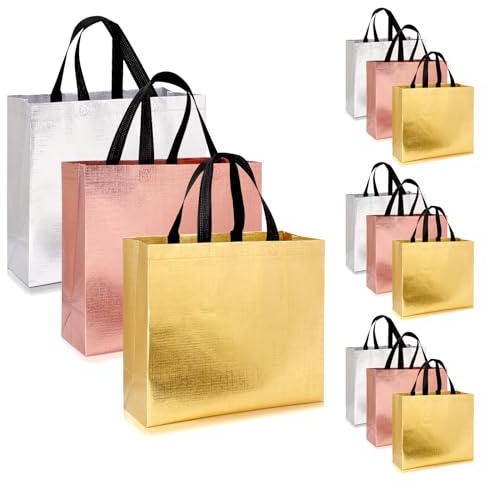 PHOGARY Bolsas Regalo Cumpleaños para Presentes, 12 Bolsas de Regalo Lujo Tamaño Grande para Mujeres, Bolsas para Regalos de Boda para Damas de Honor, Bolsa de Regalo Plata Oro Rosa Reutilizables