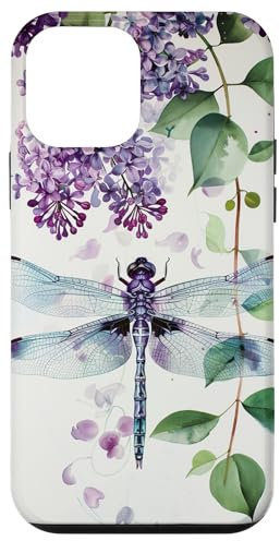 Custodia per iPhone 12 mini libellula floreale con fiori lilla e foglie