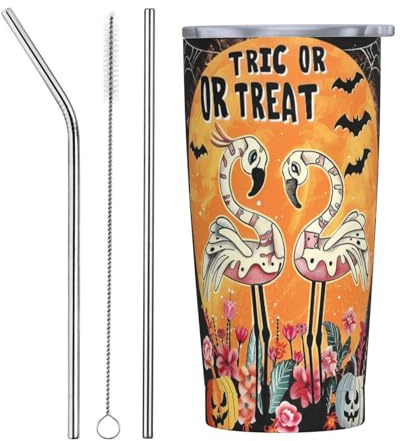 Botella de agua de 20 onzas con tapa y popote, vaso aislado de flamencos de Halloween, vasos de acero inoxidable, taza de café de viaje, vaso personalizado