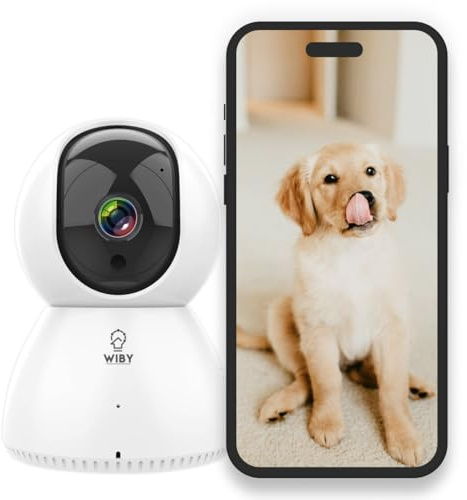 Wiby Caméra de surveillance interne 1080P Wifi 2.4/5GHz, PTZ 355°/90°, Vision nocturne IR 9m, Détection de mouvement, Audio Bidirectionnel, Compatible avec Alexa et Google Home, 1 unité