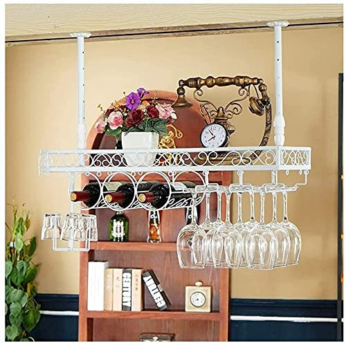 OFCAG Bar Bar Hoher Glashalter, Kreative Weinschrank Dekoration Kleiderbügel Dekoration, Europäischer Hängender Rotweinbecherhalter, Umgedrehtes Weinregal,Weiß,80 * 25Cm