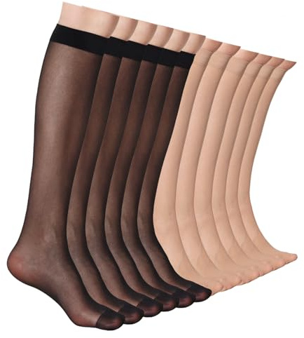 ZIHUA 12 Pairs Knee High Stockings for Women, 20 Denier Sheer Nylon Socks for Women(6Black6Nude,One Size)