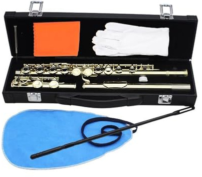Querflöte Flöte, 16 Geschlossene Offene Löcher C-Dur Professionelle Querflöte Mit Teilen Holzblasinstrument Anfänger-Lederetui-Set(Gold)