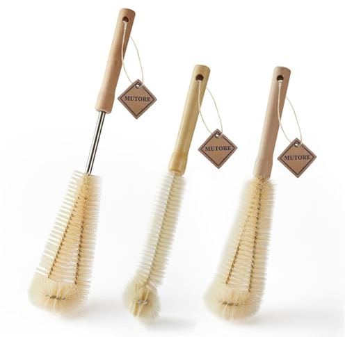 MUTORE Bottle Brush Set 3 Pack,Wooden Long Handle Bottle Brushes for Cleaning,Bottle Cleaner,Cleaning Brush for Washing Water Bottle,Baby Bottle,Kettle,Vase