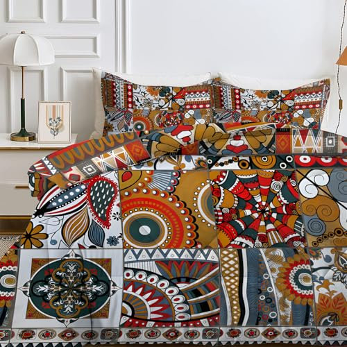 PNHCL Böhmisch Bettdecke 200x200cm Patchwork Vintage Rot Bettdecke Ohne Bezug Waschbar, Burgund Böhmen Bettdecke Decke 200x200, 3D Druck Duvet für Jungen Mädchen Raumdekoration Geschenke