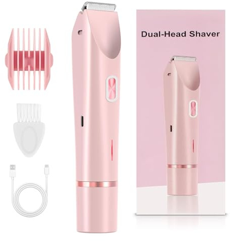 2-in-1 Bikini Trimmer & Electric Razor for Women: Painless, Waterproof & Cordless for Body, Face, Bikini Line | Ceramic Blades, USB-C Charging | Pink
