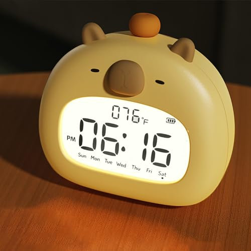 Capibara Sveglia Digitale da Comodino con Luce Notturna, 3 Serie di Allarmi, Modalità Snooze, Temperatura, Ora, Data, Fine Settimana, Ricarica USB